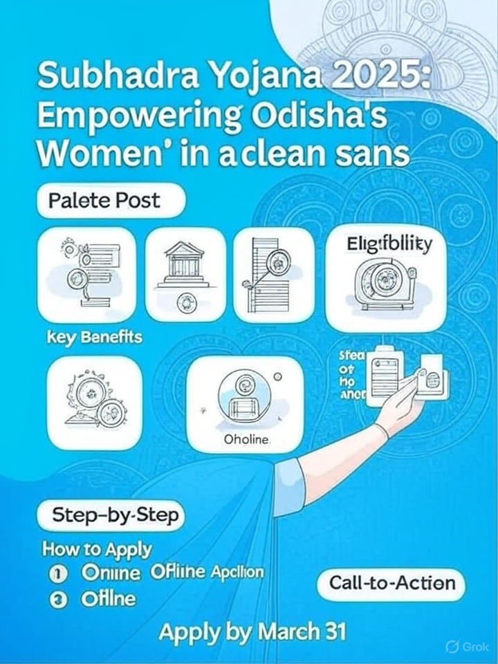 Infographic for Subhadra Yojana 2025, an Odisha government scheme for women’s empowerment, featuring a blue, green, and gold design. It highlights benefits like ₹50,000 over 5 years, Subhadra Debit Card, and ₹500 digital transaction bonus; eligibility criteria including women aged 21–60, Odisha residency, and income below ₹2.5 lakh; and application steps via subhadra.odisha.gov.in or Anganwadi Centers. Includes a call-to-action to apply by March 31, 2025, with an Odisha map and a woman holding a debit card.